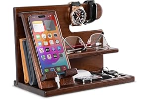 Teslyar Gifts for Men Wood Phone Docking Station Key Holder Wallet Stand Desk Organizer Fathers gifts Xmas gift Anniversary Dad Birthday Present for Men Gifts for Dad Men's Nightstand (Nut Brown)
