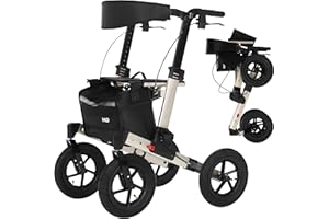 MobiQuip All Terrain 4 Wheel Rollator Walker with Seat, Champagne Coloured Frame - Lightweight, Folding Mobility Aids with Large 12" Pneumatic Tyres - Adjustable Handles, Easy-Grip Brakes & Storage
