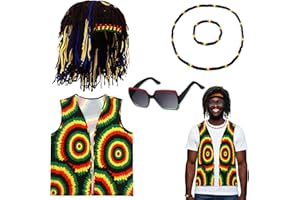 KYNDARA 5Pcs Reggae Costume Accessories, Jamaican Rasta Fancy Dress Set with Caribbean Vest Yellow Sunglasses Braided Dreadlocks Wig Hat Cap Bracelet for Women Men Party Masquerade Cosplay Halloween Carnival