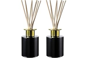 WHOLE HOUSEWARES 4 Ounce Black Glass Diffuser Bottles with 16pcs Natural Reed Sticks & Gold Caps,Set of 2 (2.5X4 Inch)