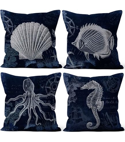 Housses Coussin 45x45cm Doobicy Thème Marin - Hippocampe, étoile De Mer Motif Double Face