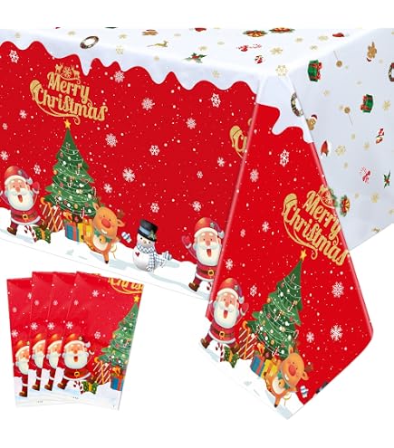 2 Nappes Plastique Noël 220x130 Cm – Motifs Sapin, Bonhomme De Neige, Blanc Et Vert, Pour Décoration De Table Fêtes