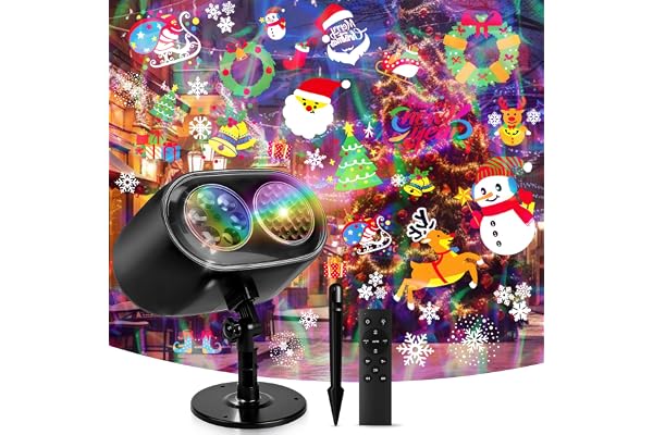 Charmofun 2 in 1 Projecteur de Noel Exterieur, LED Projecteurs Dynamique avec Télécommande pour Changer de Motif, 12 Motif et 8 Couleurs Effet, IP65 Lampe Projecteur Décoration pour Noël Halloween