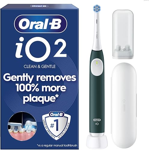 Oral-B iO2 Electric Toothbrush, 1 Gentle Care Toothbrush Head, 1 Travel Case, 1 Travel Refill Holder, Oral B Toothbrush for Adults (Forest Green), Designed by Braun, 2 Pin Plug