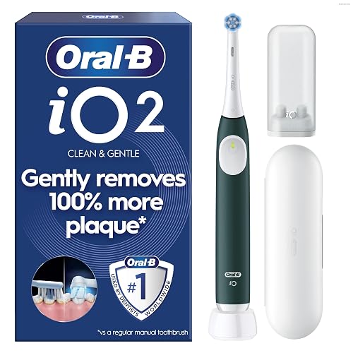 Oral-B iO2 Electric Toothbrush, 1 Gentle Care Toothbrush Head, 1 Travel Case, 1 Travel Refill Holder, Oral B Toothbrush for Adults (Forest Green), Designed by Braun, 2 Pin Plug