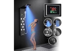 KEOKBON No Need Battery LED Shower Panel Tower System with Temp & Shower Time Display, 5 Massage Modes - Rainfall, Mist Shower 6 Body Jets Angle Adjustable Hand and Tub Spout-Stainless Steel Black