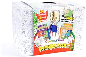 Bookoli - Colour and Keep Dinosaur Activity Box - Colouring Kit with 2 Activity Books - 4 Mini Felt-Tip Pens - 24 Stickers - 1 Giant Puffy Sticker - Customisable Box - Gifts for Kids Ages 6 to 9 Years