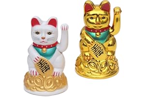 FLANACOM Set di 2 Gatti Che Salutano - Maneki-Neko Gatto Porta-Fortuna Che si Muove - Statuetta da Ufficio - Oggetti Simpatici - Idea Regalo Addio Collega (Set di 2#2)
