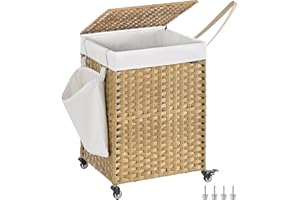 SONGMICS Laundry Basket with Lid, 120 L, Rolling Laundry Hamper with Wheels, Synthetic Rattan, Removable Liner, for Laundry Room, Bedroom, 46 x 40 x 66 cm, Natural LCB161Y01