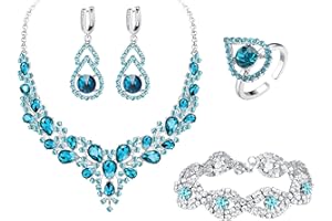 JeryWe 5PCS Parure Bijoux Femme Mariage Cristal Collier Vintage Strass Bracelet Boucles d'Oreilles Bague Ouverte Pour Mariées Demoiselle D'Honneur Pour Mariage Prom Bijoux Mariée