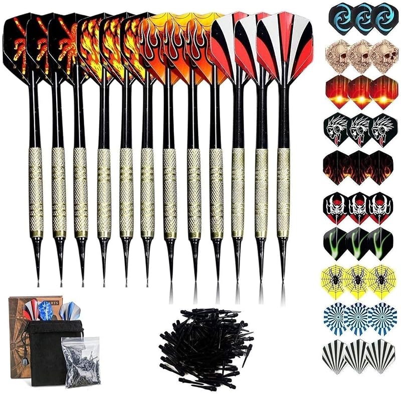 Sinwind 12 Dardos Punta Plastico para Diana Electrónica, Dardos Diana Electronica de Profesionales + 42 Plumas de 14 Patrones + 100 Puntas (16 Gramos)