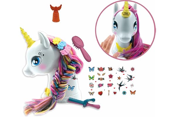 Lexibook, Tête à coiffer Licorne Interactive, Cheveux Longs et Soyeux à sublimer, Interactif, Musiques Magiques et Accessoires, pour Enfants 3+, Blanc/Rose, SHUNI