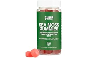SUNNA SUPPLEMENTS Sea Moss Gummies with Vitamin C, D3 and Iodine – High Strength Seamoss 5000mg for Daily Wellness - Vegan, Halal, Gelatin-Free - Apple Flavour - 60 Gummies