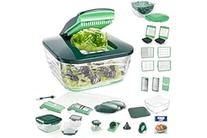 Genius Nicer Dicer Chef Deluxe XXL 37-częściowy zestaw misek szklanych, krajalnica do pomidorów warzyw i miska sitowa 3 w 1 – rozdrabniacz cebuli krajalnica do frytek, zielona