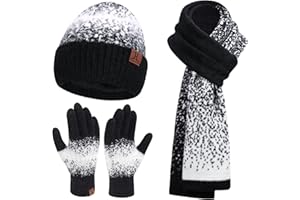 BEQUEMER LADEN Mujer Invierno Tricotar Gorro Sombreros y Guantes Tactiles Bufanda Larga Conjunto con Calido Forro Polar Gorras de Calavera Guantes Bufandas