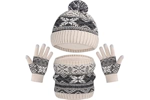 AOTOW Boys Hat Scarf and Gloves Set - Girls Kids Hat and Gloves Set 3pcs Winter Thermal Knitted Beanie Cap & Circle Scarf & Magic Gloves with Fleece Lining Snow Pattern for Children Warm 5-10 Years Old