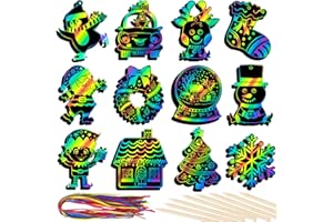 RICEDUO Christmas Scratch Art for Kids, 36 Pieces Rainbow Christmas Scratch Craft Paper Art with Wooden Sticks, Christmas Ornaments for Kids Party Favors Supplies