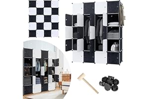 ‎VA-CERULEAN VA-Cerulean Regalsystem Steckregal aus Kunststoff Kleiderschrank mit Tür und Kleiderstange Schrank Schlafzimmer Kombischrank für Kleidung,Bücher,Spielzeug(20 Würfel, Weiß und Schwarz)