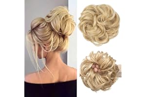 Mtuihfo Messy Bun Hair Piece, Wavy Curly Messy Bun Scrunchie, Thick Tousled Hair Pieces for Women Girl(Light Gold）