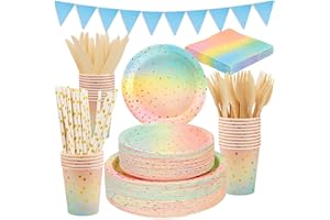 VIPNAJI Stoviglie per Feste, Party Tableware,176 Pezzi Stoviglie Carta Set Include Piatti di Carta Tovaglioli Tazze di Carta stoviglie,per Compleanni Matrimonio Nascita Battesimo Party ect (25 Ospiti)