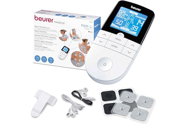 Beurer EM 49 TENS/EMS digital, dispositivo de corriente de estimulación 3 en 1 para el alivio del dolor y entrenamiento, función de masaje, incluye 4 electrodos, Color Blanco