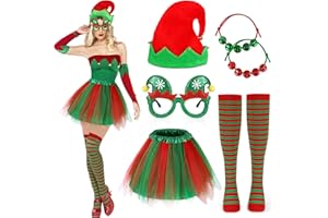 Beipegin Costume Elfo Donna,Cappello Elfo Calze Elfo Gonna Tulle Occhiali Natale Braccialetti Vestito Elfo Costume Natale Accessori Elfo Cosplay Festa di Natale per Adult