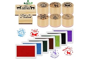 FRIUSATE 8Pcs Christmas Wooden Stamp with 7Pcs Ink Pad,Christmas Stamps Set Wooden Rubber Stamp for Xmas DIY Painting Scrapbooks Party Decoration