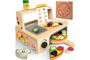 WOODMAM Pizza-Ofen Holzspielzeug ab 3 Jahre Kinder Montessori Spielzeug Kinderküche Zubehör mit Pizza, Pizzateller und Pizzaschneider, Rollenspiel-Geschenke für Jungen Mädchen ab 3 Jahre