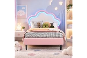 KOOPMAD Barnsäng, stoppad 90x200 cm, prinsessäng med LED, enkelsäng med justerbar sänggavel och sängbotten med lameller, säng