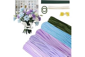 BLOMISE Pfeifenreiniger-Set zum Basteln, 300 Pfeifenreiniger zum Basteln, Pfeife in 5 Farben mit 20 grünen Blumenstäben, Anleitung, Band, Klebebandrollen und Staubgefäßen (lila)