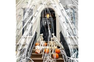 SKYYUE Halloween Decorazioni Ragni, 200g Ragnatela di Halloween e 50 Ragni di Plastica Realistico, Ragno Finto Decorazioni d'Halloween Ragnatele per Carnevale Feste a Tema Horror
