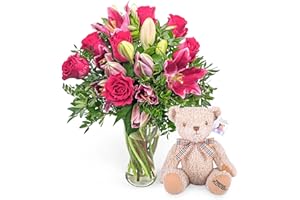 PRESTIGEFLOWERS Roses et lys - fleurs - bouquet frais - fleurs d'anniversaire - fleurs du lendemain - fleurs d'anniversaire - Bouquet de fleurs - Fraiches a livrer (Roses et lys Avec ours en peluche)