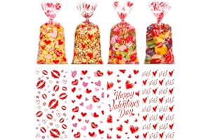 RICEDUO 100 Pieces Valentine's Day Cellophane Treat Bags, Valentines Clear Cello Gift Bags with Twist Ties, Valentines Day Candy Goodies Bags for Kids Valentines Party Favors Supplies