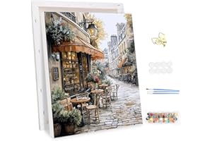 MEIYUDA Pintar por Numeros Adultos con Marco Vista de Calle Paisaje, DIY Painting by Numbers Kits Cuadros por Numeros, Pintura de Bricolaje Sobre Lienzo con Pinceles Decoración para el Hogar 30x40cm