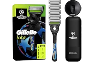 Gillette UEFA Champions League Special Edition GilletteLabs Rasoio A Mano Libera Con Barra Esfoliante Champion Gold Edition, 1 Manico + 5 Lamette Di Ricambio, Gancio Da Parete E Custodia Da Viaggio