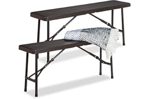 Relaxdays Set 2 Bancos Plegables Jardín, Terraza y Patio, Efecto Madera, Plástico, Banquillo Camping 42x100x25cm, Marrón