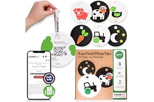 HANNIline® Kontrastkarten Baby [Made in EU] 20 Bilder 11 Karten Baby Spielzeug ab 3 Monate | mit Schlaufe, Elternratgeber, Online-Sounds und Stories | Montessori Spielzeug