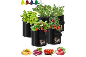 TUARE 5 Pack 10 Gallon Potato Grow Bags, Plant Grow Bag Set with 5 Plant Tags, Non-Woven Fabric, Breathable, Convenient Handle Design. Reusable Planting for Vegetables, Potato, Tomatoes, Strawberry, Flower