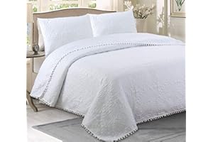 HaraDeco Colcha Boutí Blanca Cama 150 con Pompones, Confeccionado Microfibra Relleno Fina con Funda Almohada(Pompon Blanca, Cama 150)