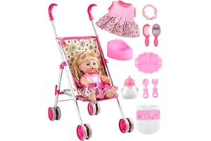 GAGAKU Set giocattolo con passeggino per bambole, bambola da 30 cm e accessori, passeggino giocattolo pieghevole e leggero per bambine dai 3 anni in su, Motivo margherite con bambola