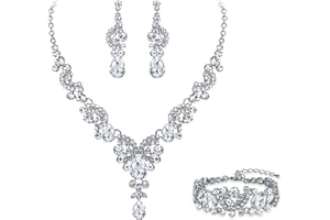 Ever Faith Wedding Jewellery Set for Women, Sparkly Rhinestone Crystal Vintage Floral Teardrop Brides Bridal Necklace Earrings Bracelet Sets Prom Party Costume Jewelry 3 Pcs