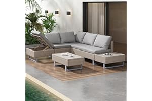 LTGB Rattan Garden Furniture Set, Mixed Color Rattan Corner Sofa Set Industrial Style with Coffee Table Garden Furniture Set, Conversation Patio Sets with Removable Cushions (Khaki)