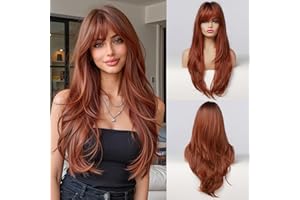 Esmee Perruque Auburn pour Femmes de 26 Pouces avec Frange, Longue Verticale Naturelle, avec racines foncées, Perruque Synthétique Résistante à la Chaleur