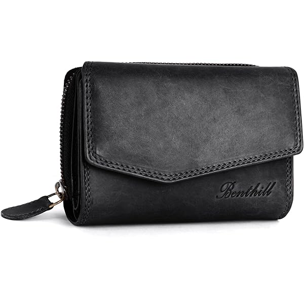Benthill Kleine leren portemonnee | Kleine damesportemonnee met RFID- bescherming | Slanke portemonnee met ritssluiting | Platte portemonnee met 6 creditcardvakken, zwart., 12.5 x 10 x 2.5 cm, retro of
