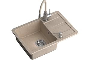 VBChome Fregadero con grifo, 62 x 44 cm, de granito, color beige, para empotrar, reversible, compuesto de fregadero, sifón y dispensador de detergente