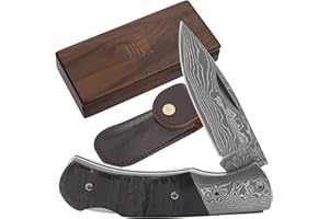 YOUSUNLONG Cuchillo de bolsillo plegable para supervivencia al aire libre - Hoja de acero de Damasco de 140 mm - Incluye funda de cuero y caja de madera de nogal americano - Mango de cuerno de búfalo