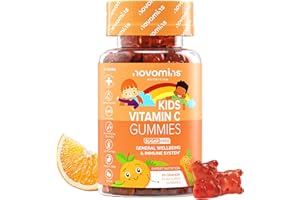 Vitamina C Niños - Sin Azúcar - con Bioflavonoides, Rosa Mosqueta, Vitamina B6, Zinc y Selenio - 30 Gominolas - 40 mg de Vitamina C Puro - Vegano y Sin Gluten - para el Sistema Inmunológico - Novomins