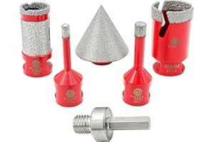 FOCSTOL Diamond Drill Bit Set - Tile Hole Cutter Set 6pcs (6/8/35mm+50mm Beveling Chamfer Bit+25mm Drilling Milling Bit+Hex), Diamond Hole Saw Set for Porcelain Ceramic Tile Marble Granite
