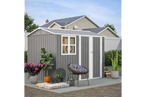 BIRCHTREE Garden Shed Steel Apex Roof House Outdoor Backyard Storage With Lockable Double Doors Window Free Foundation Tool Equipment Organizer Air Vents 8x6FT Grey