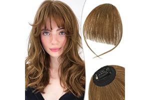 RUWISS Postiche Frange a Clip 100% Cheveux Naturel Humain Wispy Bangs Franges Avec Temples Extension Frange Clip on Bangs pour Femmes(Brun Clair)